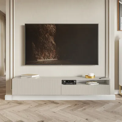 Image de Selsey VELDIO - Meuble TV suspendu avec compartiment ouvert, gris beige taupe 175 cm