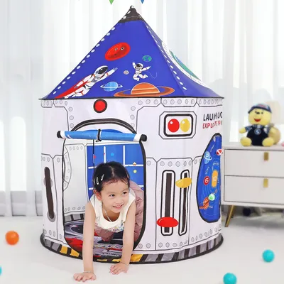 Immagine prodotto di Tenda pieghevole a forma di razzo - Tenda per bambini, adatta sia per interni che per esterni - Tenda pop-up - Tema spaziale - Include una borsa per il trasporto