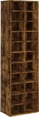 A tall, narrow shoe rack with multiple compartments, made of wood-look material.