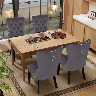 Produktbild von Puluomis Esszimmerstühle 4er set Samt Stuhl Küchenstuhl Polsterstuhl Esszimmer Sessel mit Massive Holzbeine und Nagelkopf, Elegant und Edel, Grau