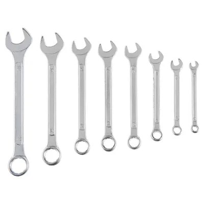 A set of wrenches arranged in a row against a white background.