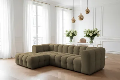 Produktbild von Ecksofa Designersofa SOLVIE in Stoff Moly Moosgrün Ottomane Links