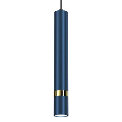 A single navy blue cylindrical pendant light with a gold band, shown against a white background.