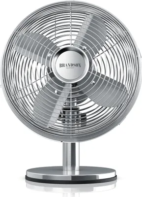 A silver desk fan with a retro style on a white background.