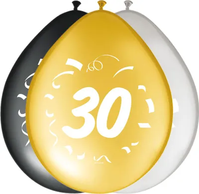 Produktbild von 8 Ballons 30 Bday gold-silber-schwarz