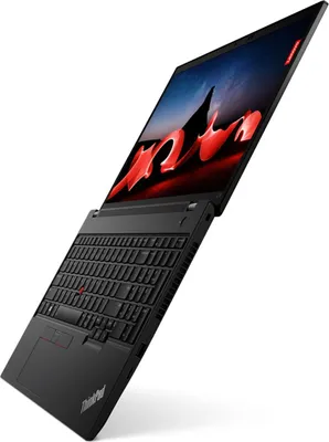 A black Lenovo ThinkPad laptop is shown at an angle against a white background.