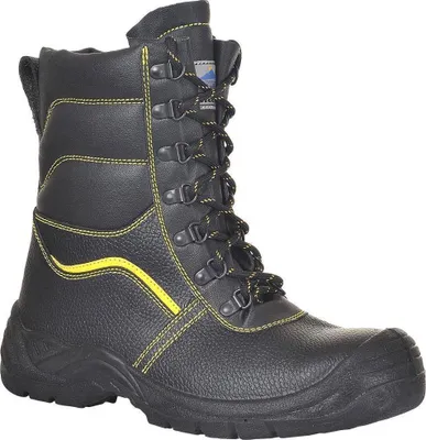A black work boot with yellow stitching and laces, shown against a white background.