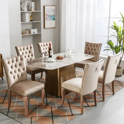 Immagine prodotto di okwish: Sedia da pranzo, sedia da cucina, sedia per il soggiorno con schienale reclinabile, set di 6, sedia imbottita con decorazioni a chiodini, gambe in legno massello, rivestimento in velluto, color beige