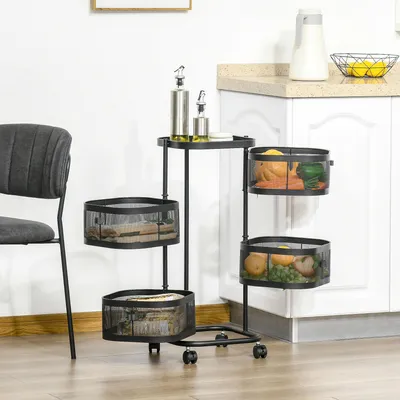 Image de Chariot de service à 4 niveaux, avec paniers en fil de fer, chariot de cuisine en acier, couleur noire | 33x33x77 cm | 4 roulettes pivotantes à 360°, dont 2 verrouillables