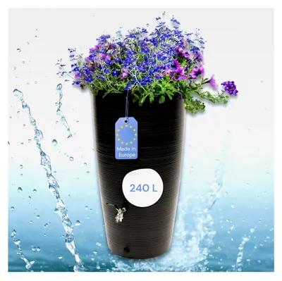 Produktbild von Regentonne 240 Liter mit Messing Wasserhahn und Deckel - Frostsicherer Regenwasserbehälter aus Kunststoff - Wassertank für den Garten