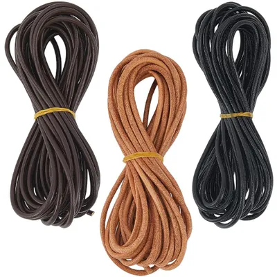 Image de Cordon en cuir rond - 3 rouleaux de 15 mètres, diamètre 3 mm - Pour la fabrication de bijoux et travaux manuels - 3 couleurs