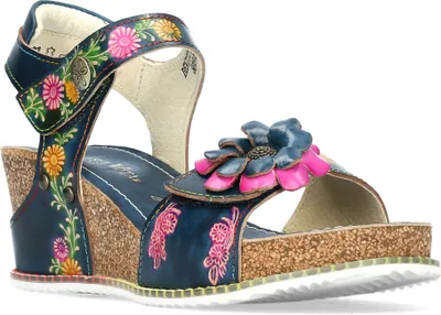 Produktbild von LAURA VITA Keilsandalette Bonito 03 jeans/blau Leder + Blume pink/blau mit 2 Klettverschlüssen zum Anpassen Größe 42 EU