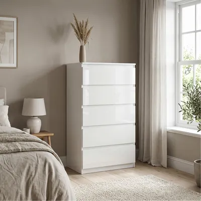 Produktbild von Masseno Kommode NUDO 70 cm Sideboard mit 5 Schubladen und  Türen für Wohnzimmer Schlafzimmer Modern 70x39x124,5 cm Weiß / Weiß