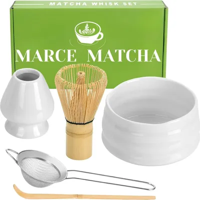 Produktbild von Matcha Teezeremonie Set, Matcha-Schneebesen, Matcha-Schale, Matcha-Sieb, Schneebesenhalter aus Keramik, handgefertigtes japanische Teezeremonie Set