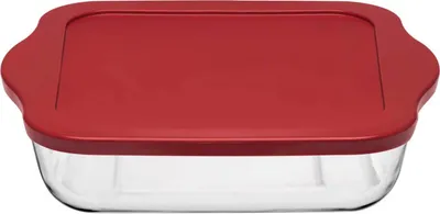 Produktbild von Pasabahce Borcam Bake&Keep – Quadratische Auflaufform mit rotem Kunststoffdeckel, 3200 ml