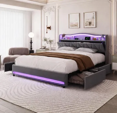 Image de Lit rembourré 140x200 cm avec espace de rangement, éclairage LED, station de recharge, tête de lit avec étagère et espace de rangement dissimulé, tiroirs sur roulettes, revêtement en velours, sommier à lattes, couleur gris, sans matelas