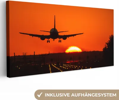 Produktbild von MuchoWow® - Leinwandbilder - Sonnenuntergang - Flugzeug - Orange - Sonne, Wandbild, Wanddeko Bilder Wohnzimmer, 80x40 cm