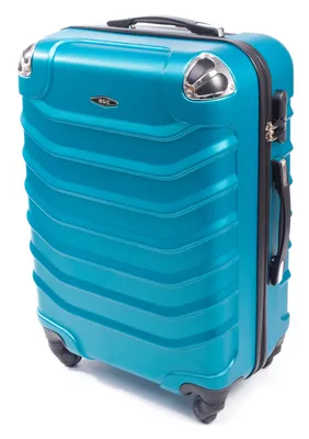 A studio shot of a teal suitcase against a white background.