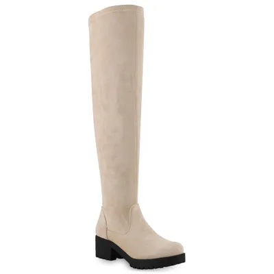 Produktbild von Mytrendshoe Damen Stiefel Overknees Leicht Gefütterte Boots Plateau Vorne 823456, Farbe: Beige Velours, Größe: 36