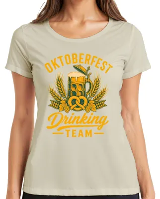 Obrázek produktu pro Tým pro pití piva na Oktoberfestu, sklenice na pivo (Maßkrug), preclík, kožené kalhoty (Lederhose), sukně (Dirndl), dámské tričko, přírodní barva, velikost 3XL