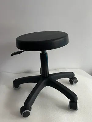 A black rolling stool with a black seat and a five-legged base with wheels.