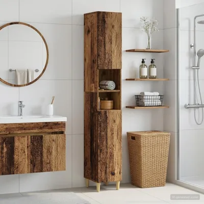 Image de Armoire de salle de bain exclusive DELFT, en bois vieilli, avec étagère ouverte
