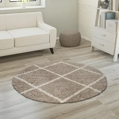 Immagine prodotto di Tappeto a pelo lungo Morbido Soggiorno Shaggy Stile scandinavo Motivo a rombi Dimensioni Ø 120 cm Rotondo