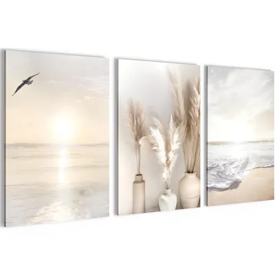 Produktbild von Novart Bilder Set Strand Meer Boho - Kein Extra Rahmen benötigt - Wandbilder für Wohnzimmer Schlafzimmer Flur - 3 Teilig Deko Beige - N029436a