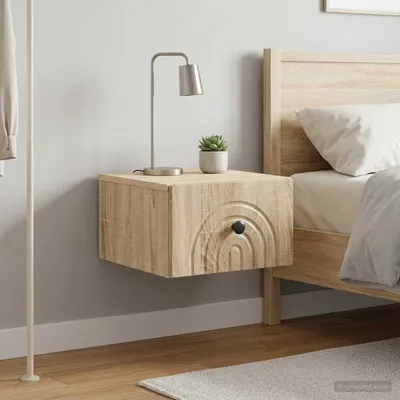 Image de Table de chevet murale exclusive, lot de 2, en chêne Sonoma, dimensions : 33 x 34,5 x 20 cm
