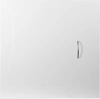 A white access panel with a silver handle.