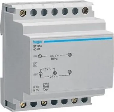 A white electrical transformer with blue accents and labeling, mounted on a rail system.
