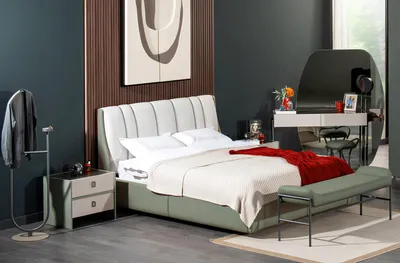 Immagine prodotto di Set completo per camera da letto Letto in tessuto di design 2 comodini Panca