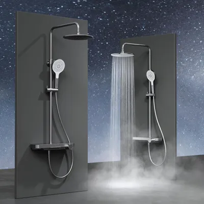 Produktbild von HOROW RainPure S1 Duschsystem mit Thermostat, Grau Regendusche Set, Wasserfallauslauf, Große Kopfbrause, Höhenverstellbar Duschset