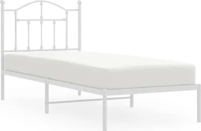 A white metal bed frame with a mattress, shown from a side angle against a white background.