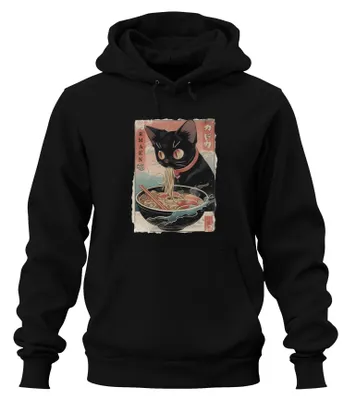 Obrázek produktu pro RMAEN Mikina s kapucí, motiv: černá kočka, japonské nudle ramen, manga, otaku, černá barva, velikost L