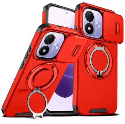 Produktbild von Handyhülle für Xiaomi Redmi Note 17 4G/5G Dual-Layer Stoßfest Militär Hülle mit Dia Kameraschutz, Magnetisch Ring Ständer Rot