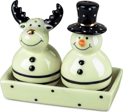 Produktbild von Salz & Pfefferstreuer Set Schneemann Elch Figur,Skulptur auf Tablett Keramik