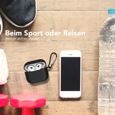 Produktbild von EAZY CASE - Schutzhülle für AirPods 3 Hülle Schwarz Silikon Case Stoßfest mit Karabiner geeignet als Schlüsselanhänger Antikratz Etui rutschfeste Silikonhülle für Airpod 3. Generation in Schwarz