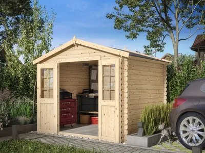 Produktbild von WOODTEX Naturbelassen 280 x 230 cm Gartenhaus Blockbohlenhaus, 28 mm Wandstärke Fichtenholz Satteldach, Gartenhaus 7 69 m² Grundfläche mit Doppeltür, Gartenhäuser ohne Anbau