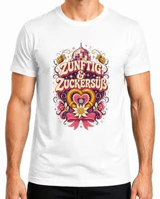Zdjęcie produktu dla Koszulka męska "Zünftig & Zuckersüß Volksfest Wiesn Trachtenshirt Lederhose Herz", biała, rozmiar S