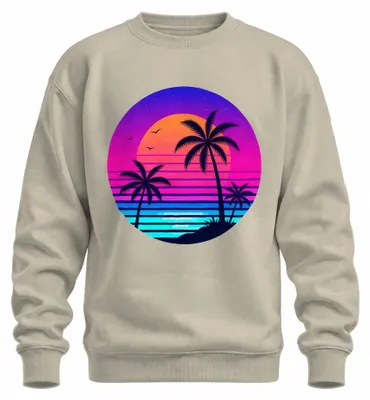 Immagine prodotto di Felpa con cappuccio, stile retrò anni '80, ispirata alla synthwave, con immagini di tramonto, palme, spiaggia e motivi vaporwave. Colore: naturale. Taglia: 3XL