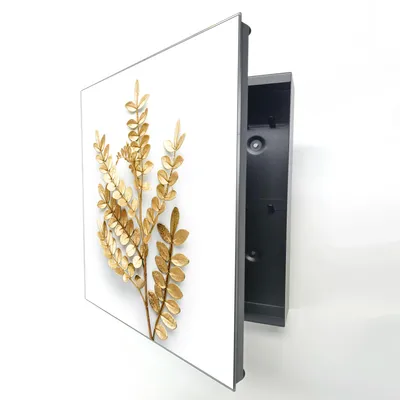 Produktbild von Schlüsselkasten Schwarz Metall, Goldene Blätter Motiv hinter Glas, Moderne Schlüsselbox rechtsöffnend, 32x28x6,5 cm, 20 Haken für Ordnung im Flur.
