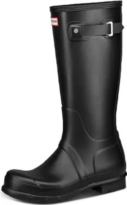 A black Hunter rain boot is shown against a white background.