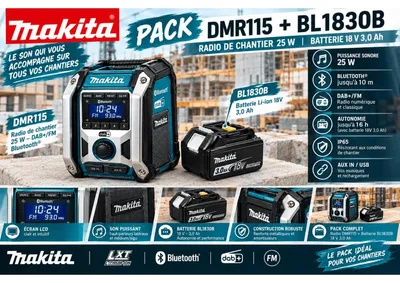 Image de Makita DMR115F1 – Radio de chantier 25 W Bluetooth®, DAB/DAB+, FM + Batterie BL1830B 18 V 3,0 Ah