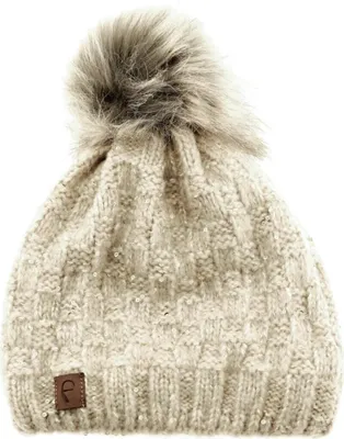 Produktbild von Faera Mütze zum Warmhalten im Herbst oder Winter Bommel-Mütze mit Perlen Cremeweiß