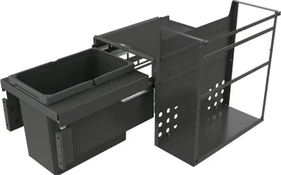 A dark gray pull-out kitchen waste bin system with a trash can and a separate compartment for cleaning supplies or other items.