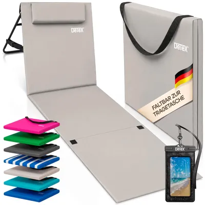 Produktbild von DETEX® Strandmatte mit Rückenlehne Gepolstert Beige Sonnenliege klappbar UV-beständig Tasche Reißverschluss Kissen Tragegurt Garten Camping Picknick Liegematte 158x56cm