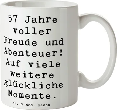 Produktbild von Mr. & Mrs. Panda Kaffeebecher Spruch 57. Geburtstag Freude - Weiß - Geschenk, Tasse, Keramiktasse, Glückwünsche, Kaffeetasse, Erinnerung, 57 Jahre, Mut, Becher, haferl