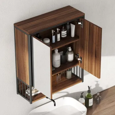 Image de Miroir de salle de bain - Armoire à miroir - Meuble mural - Rangement - Meuble de salle de bain - Compact 25x40,5 cm - MDF marron