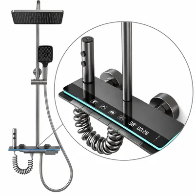 Produktbild von Duschsystem mit LED-Temperaturanzeige – Regendusche Set mit Kopfbrause, Handbrause, Stabbrause & Wasserauslass, Duschzeit-Display – Grau